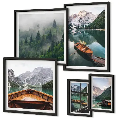 Calm mountain lakes and boats wall art set of 5 pieces