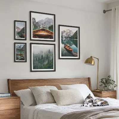 Set of 5 wall art pieces Calm mountain lakes boats