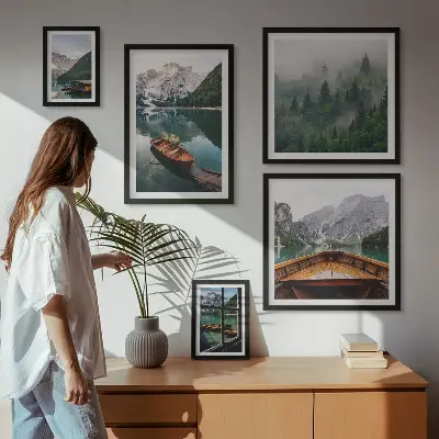 Set of 5 wall art pieces Calm mountain lakes boats