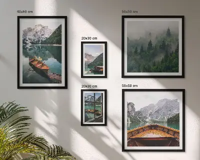 Set of 5 wall art pieces Calm mountain lakes boats