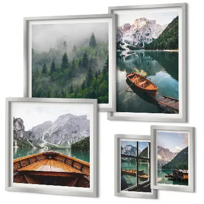 Calm mountain lakes and boats wall art set of 5 pieces
