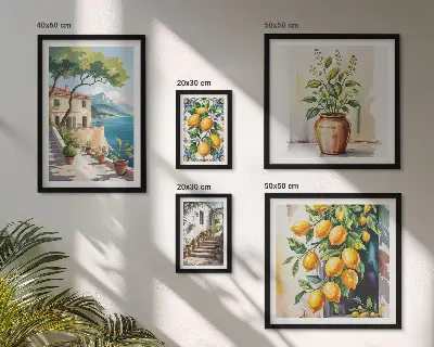 Set of 5 wall art pieces Landscapes with citrus trees and vegetation