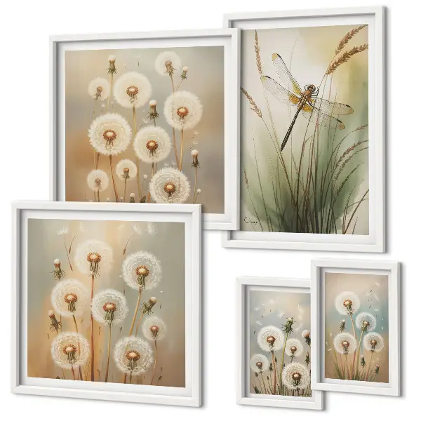 Framed photo set Floral motifs of dragonflies and dandelions