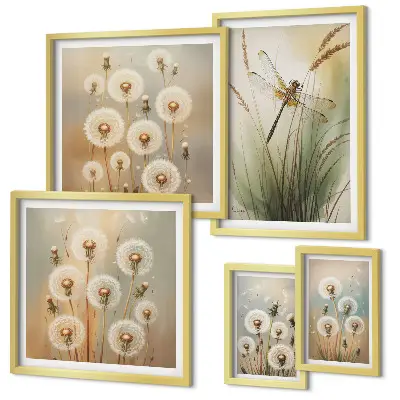 Framed photo set with floral motifs of dragonflies and dandelions