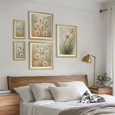Framed photo set with floral motifs of dragonflies and dandelions