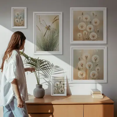 Framed photo set Floral motifs of dragonflies and dandelions