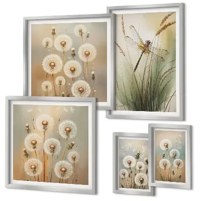 Framed photo set Floral motifs of dragonflies and dandelions