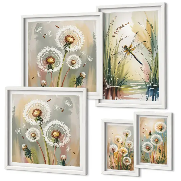 Set of 5 wall art pieces Floral dragonflies in nature style