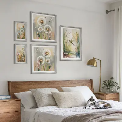 Set of 5 wall art pieces Floral dragonflies in nature style