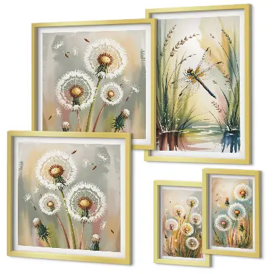 Set of 5 wall art pieces Floral dragonflies in nature style