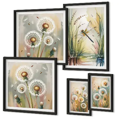 Set of 5 wall art pieces Floral dragonflies in nature style