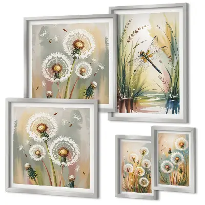 Set of 5 wall art pieces Floral dragonflies in nature style