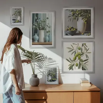 Framed photo set green olives and flowers Scandinavian style