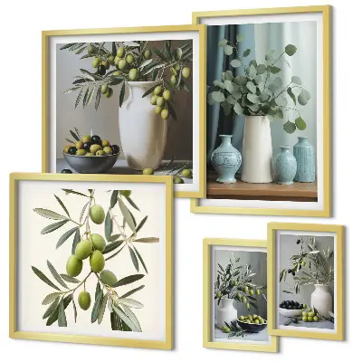 Framed photo set Green olives flowers Scandinavian style