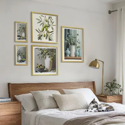 Framed photo set Green olives flowers Scandinavian style