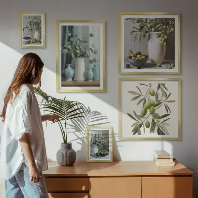 Framed photo set Green olives flowers Scandinavian style