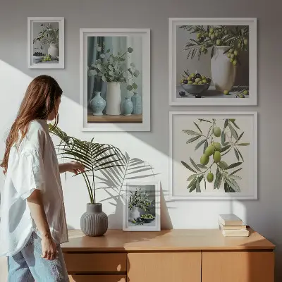 Framed photo set Green olives flowers Scandinavian style