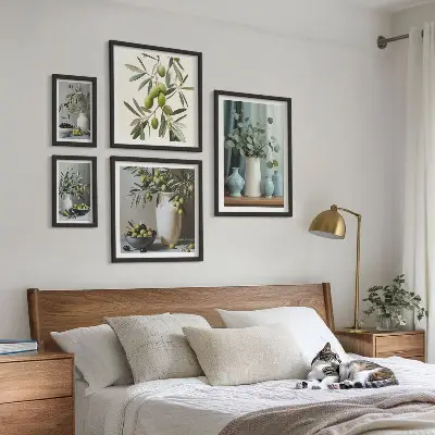 Framed photo set Green olives flowers Scandinavian style