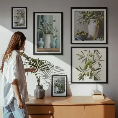 Framed photo set green olives and flowers Scandinavian style