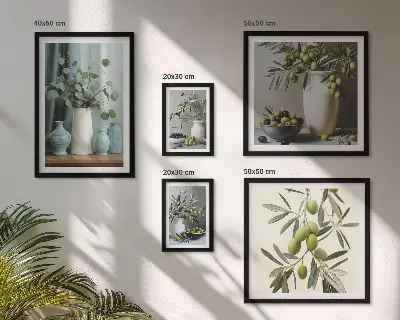 Framed photo set Green olives flowers Scandinavian style