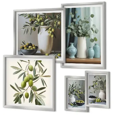 Framed photo set Green olives flowers Scandinavian style