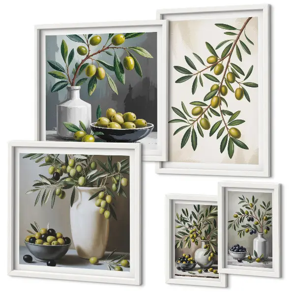 Set of 5 wall art pieces Olive accents in a rustic interior