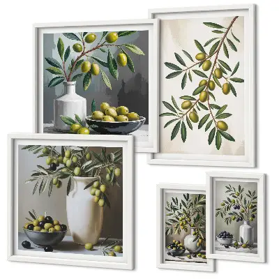 Set of 5 wall art pieces Olive accents in a rustic interior