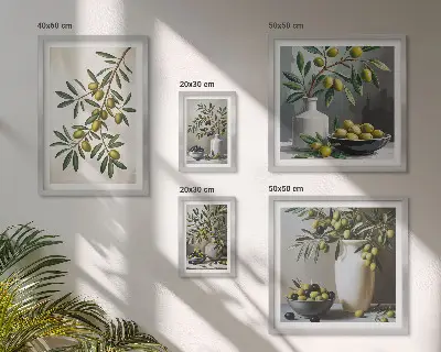 Set of 5 wall art pieces Olive accents in a rustic interior