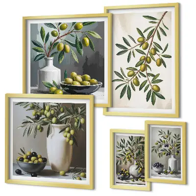 Set of 5 wall art pieces Olive accents in a rustic interior