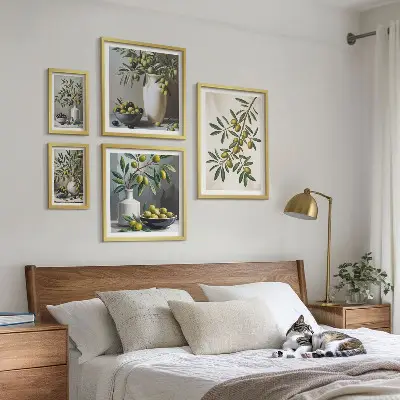 Set of 5 wall art pieces Olive accents in a rustic interior
