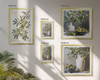 Set of 5 wall art pieces Olive accents in a rustic interior