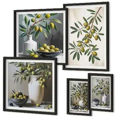 Set of 5 wall art pieces Olive accents in a rustic interior