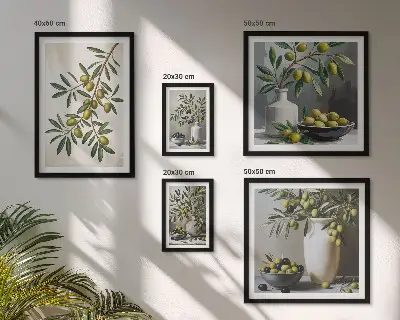 Set of 5 wall art pieces Olive accents in a rustic interior