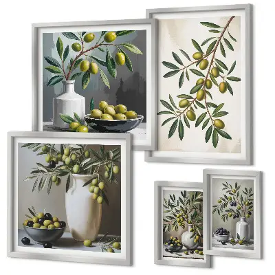 Set of 5 wall art pieces Olive accents in a rustic interior