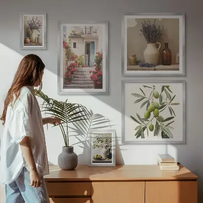 Gallery wall stylish interiors featuring flowers and fruits