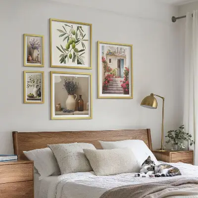 Gallery wall stylish interiors featuring flowers and fruits