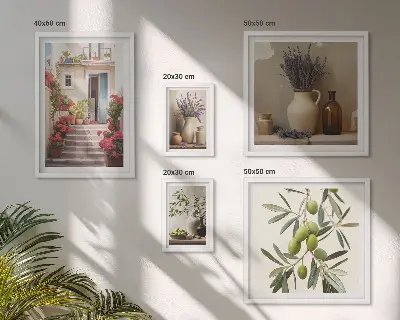 Gallery wall stylish interiors featuring flowers and fruits