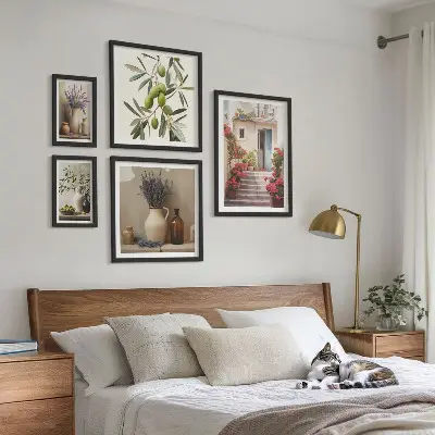 Gallery wall stylish interiors featuring flowers and fruits