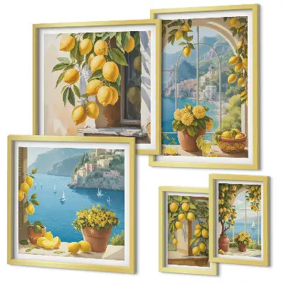 Set of 5 wall art pieces Lemon accents Provence sea