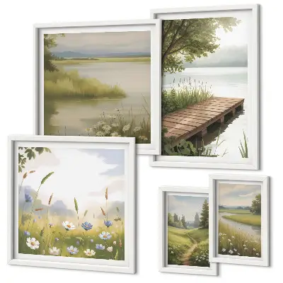 Framed photo set Peaceful landscapes with a meadow bridge