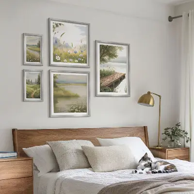 Framed photo set Peaceful landscapes with a meadow bridge
