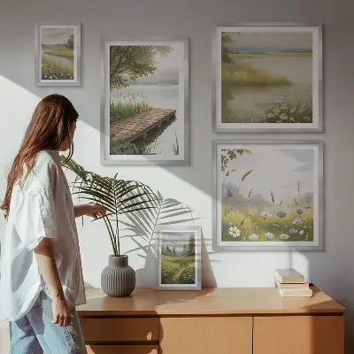 Framed photo set Peaceful landscapes with a meadow bridge