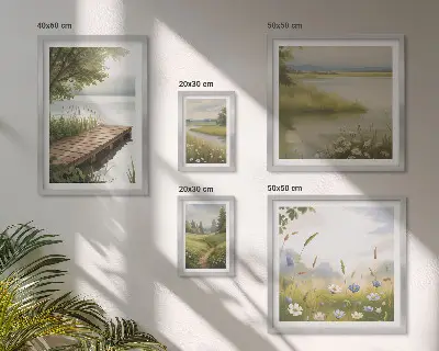 Framed photo set Peaceful landscapes with a meadow bridge