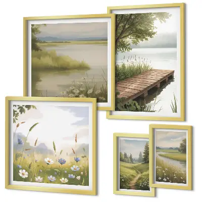 Framed photo set Peaceful landscapes with a meadow bridge