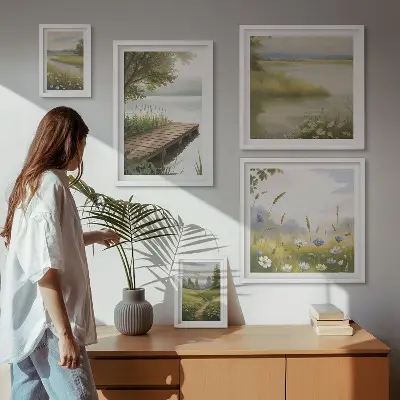 Framed photo set Peaceful landscapes with a meadow bridge