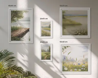 Framed photo set Peaceful landscapes with a meadow bridge