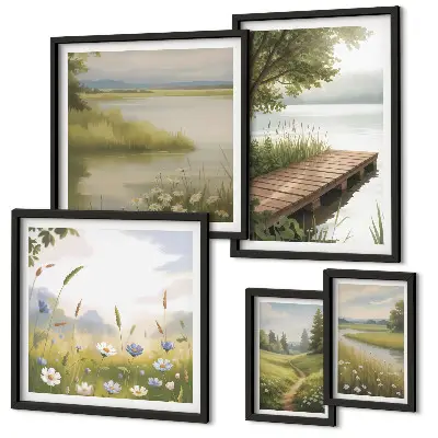 Framed photo set Peaceful landscapes with a meadow bridge
