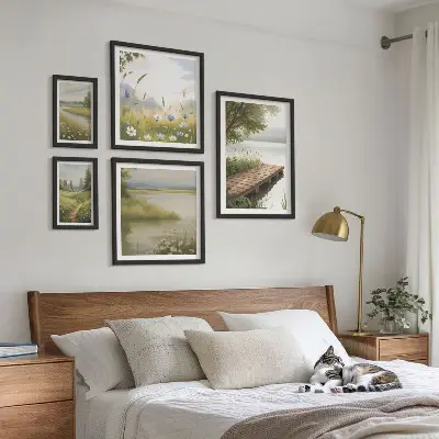 Framed photo set Peaceful landscapes with a meadow bridge