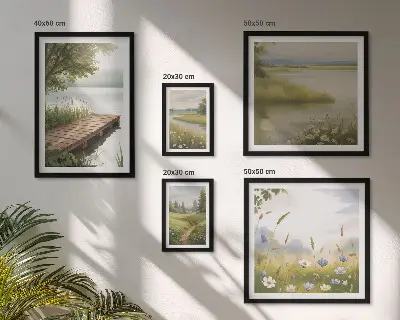 Framed photo set Peaceful landscapes with a meadow bridge