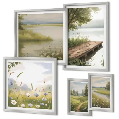 Framed photo set Peaceful landscapes with a meadow bridge